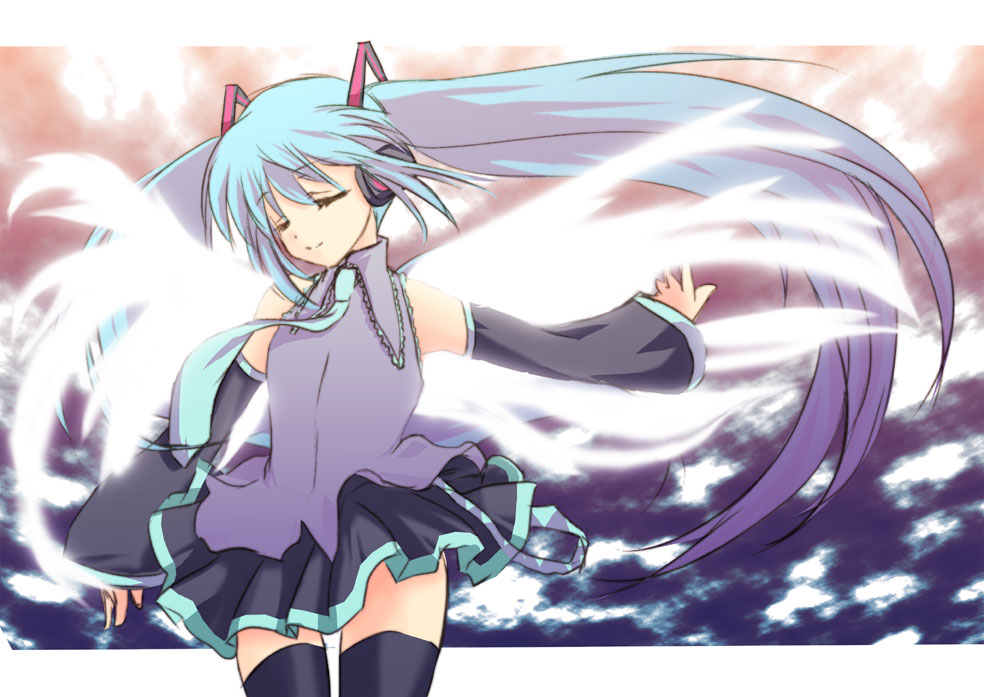 saka, hatsune miku, vocaloid, angel wings, closed eyes, detached sleeves, long hair, solo, thighhighs, twintails, very long hair, wings, zettai ryouiki