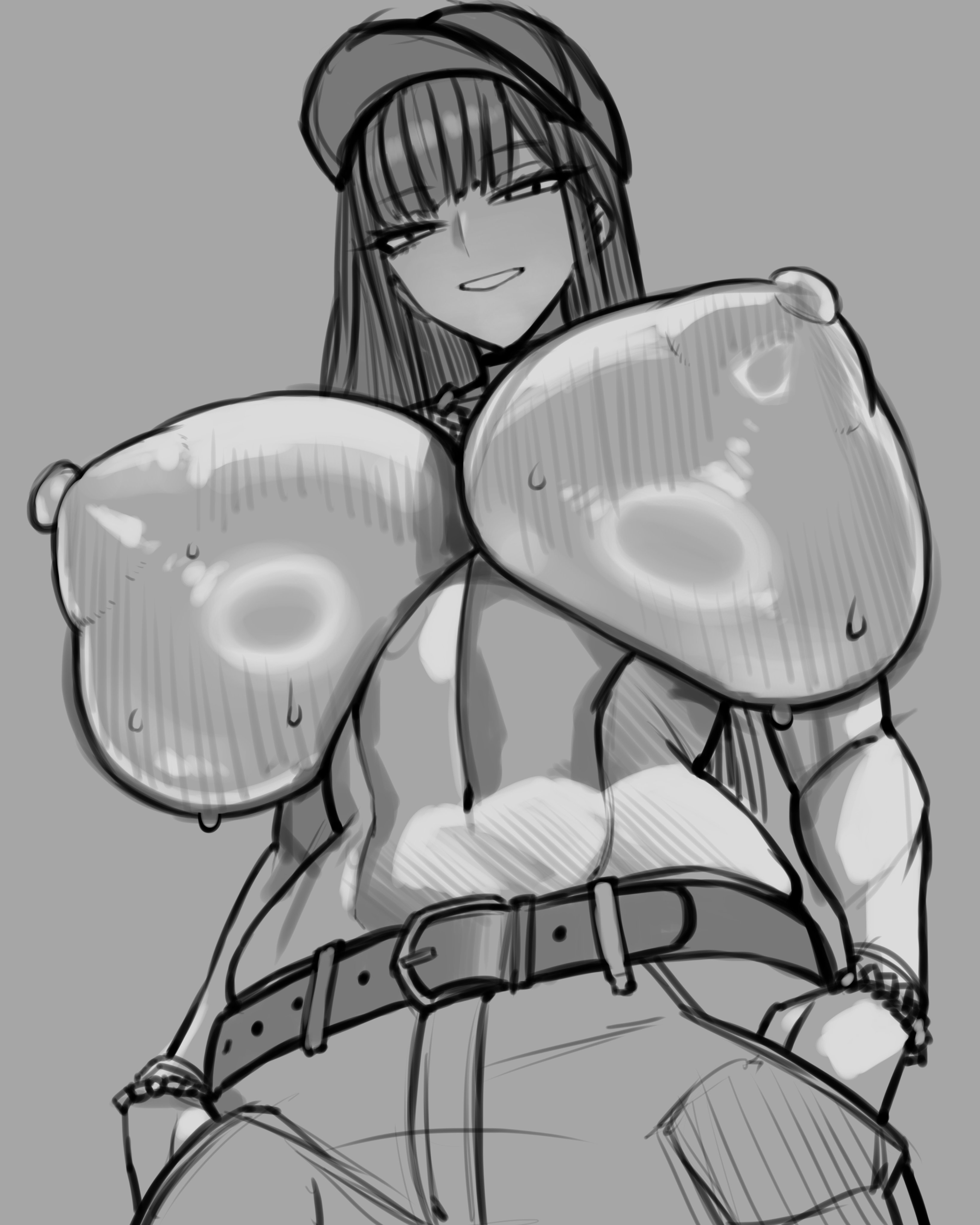 wolffeld price, katsuragi yuzuha, original, absurdres, highres, 1girl, belt, breasts, cowboy shot, from below, greyscale, grin, hands in pockets, hat, huge breasts, linea alba, long hair, looking down, monochrome, nipples, pants, puffy nipples, sketch, smile, solo, stomach, sweat, underboob