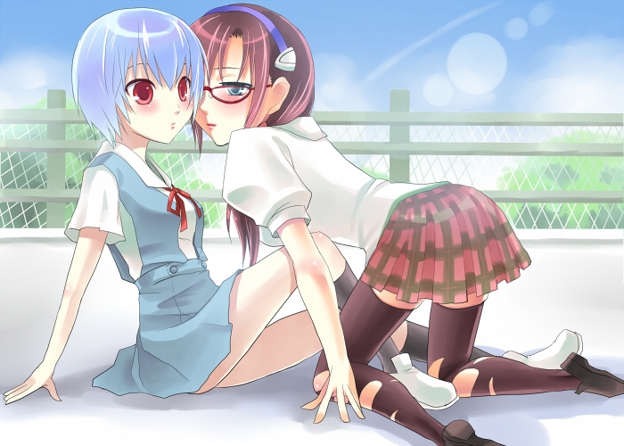 ayanami rei, makinami mari illustrious, neon genesis evangelion, rebuild of evangelion, torn legwear, 00s, 2girls, blue eyes, blue hair, brown hair, dress shirt, glasses, long hair, multiple girls, pantyhose, plaid clothes, plaid skirt, railing, red eyes, rooftop, school uniform, shirt, short hair, skirt, thighhighs, torn clothes, yuri