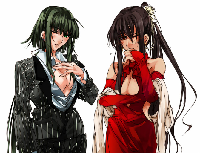 hattori masahiko, nagase kaede, tatsumiya mana, mahou sensei negima!, bad id, bad pixiv id, 00s, 2girls, black hair, breasts, bridal gauntlets, cleavage, cleavage cutout, clothing cutout, elbow gloves, fingerless gloves, formal clothes, gloves, green eyes, green hair, large breasts, long hair, multiple girls, one eye closed, open clothes, open shirt, ponytail, red eyes, shirt, suit, wink