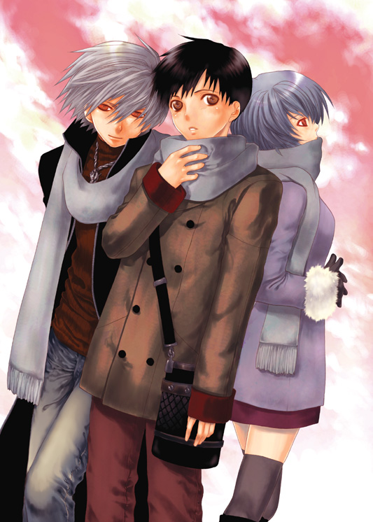 ayanami rei, ikari shinji, nagisa kaworu, neon genesis evangelion, silver hair, 1girl, 2boys, androgynous, black hair, blue hair, brown eyes, canteen, cloud, coat, denim, gloves, jeans, jewelry, looking up, multiple boys, necklace, pants, red eyes, red sky, scarf, shared clothes, shared scarf, short hair, skirt, sky, thighhighs, zettai ryouiki