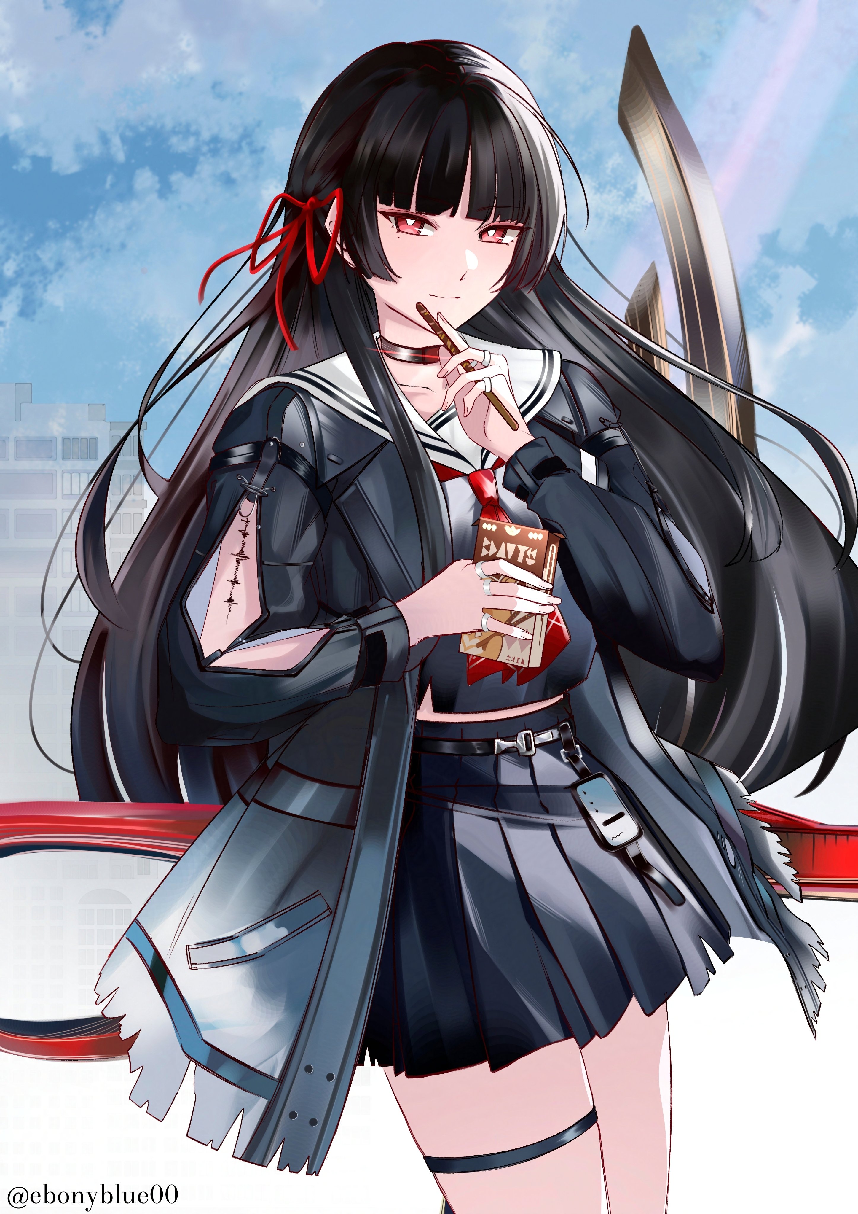ebonyblue00, chisa (wuthering waves), wuthering waves, absurdres, commentary, english commentary, highres, arm cutout, black hair, black serafuku, black shirt, black skirt, blue sky, breasts, closed mouth, clothing cutout, day, food, hair ribbon, holding, holding food, holding pocky, long hair, long sleeves, looking at viewer, medium breasts, neckerchief, outdoors, pocky, red eyes, red neckerchief, red ribbon, ribbon, sailor collar, school uniform, serafuku, shirt, skirt, sky, smile, tacet mark (wuthering waves), thigh strap, thighs, twitter username, white sailor collar