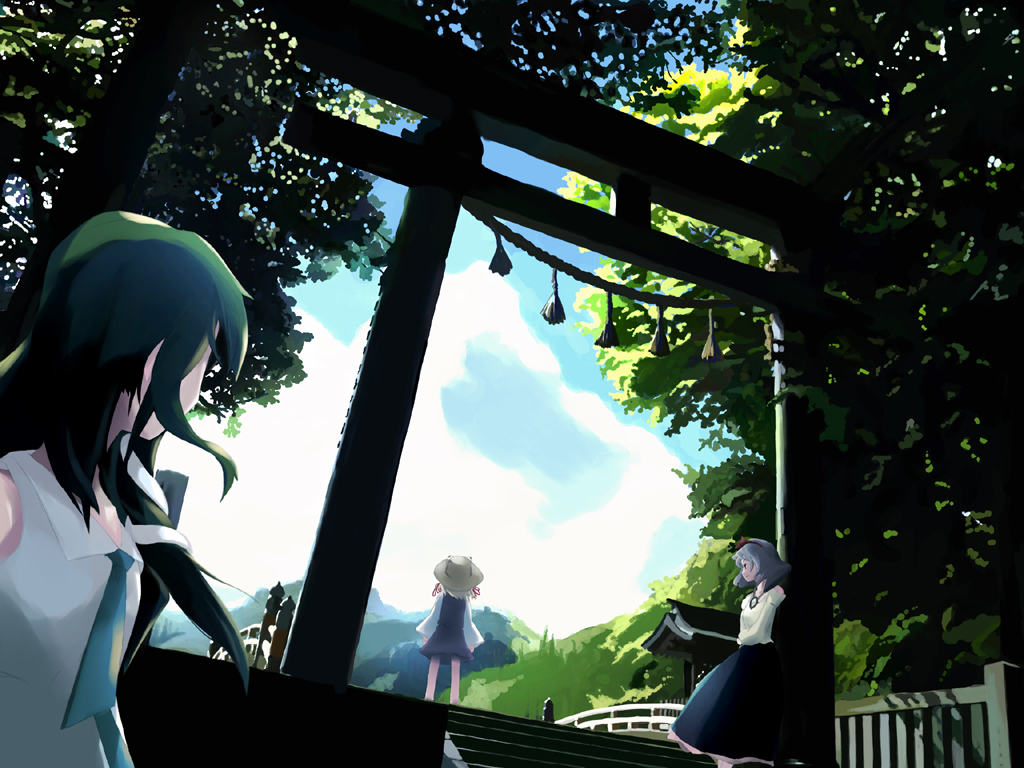 takanashi akihito, kochiya sanae, moriya suwako, yasaka kanako, touhou, 3girls, arch, blonde hair, blue sky, dark, day, female focus, full body, green hair, looking up, multiple girls, outdoors, sky, stairs, standing, torii