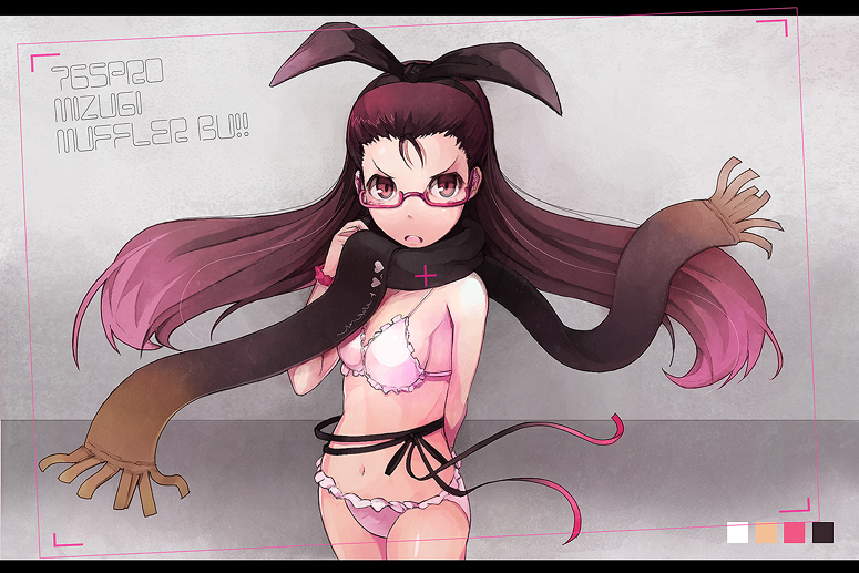 pos (shiratama-ya), minase iori, idolmaster, idolmaster (classic), 00s, 1girl, bikini, breasts, female focus, glasses, pink bikini, scarf, solo, swimsuit