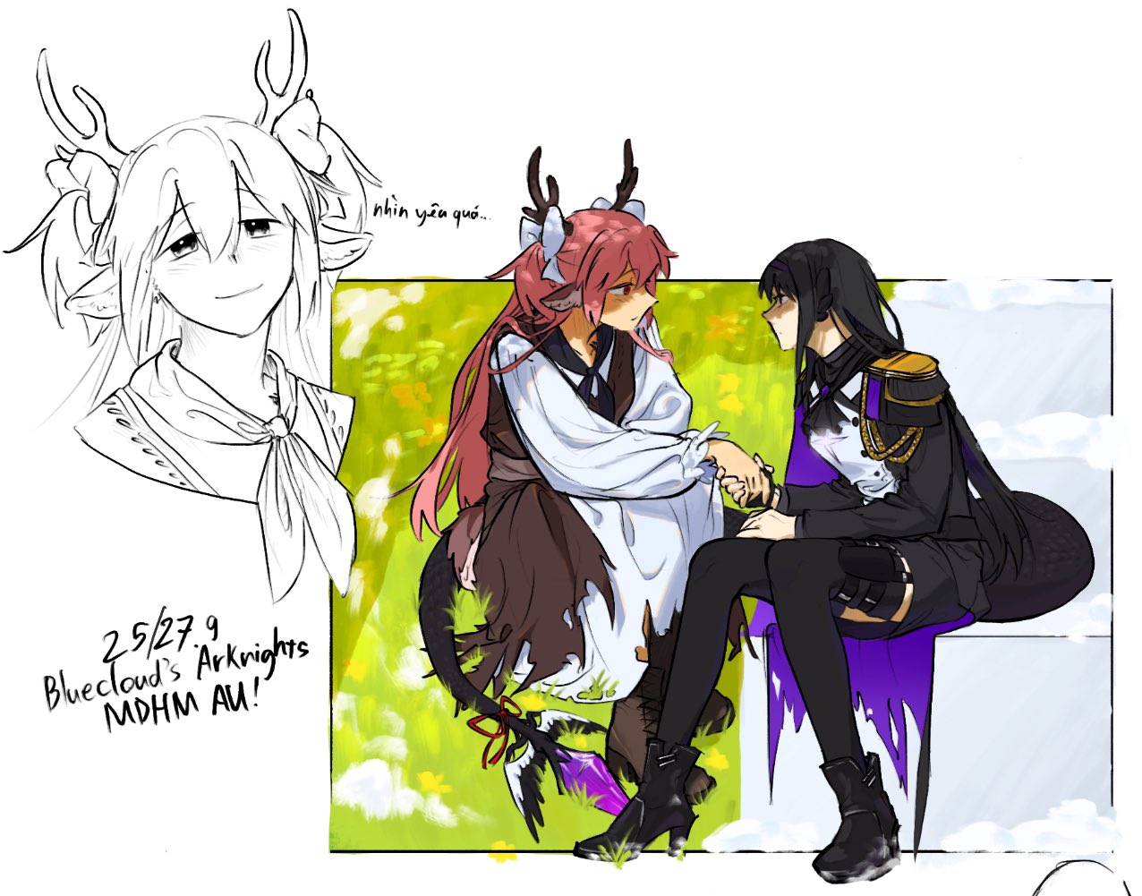 avanes d, akemi homura, kaname madoka, mahou shoujo madoka magica, commentary, symbol-only commentary, 2girls, aiguillette, alternate costume, antlers, ascot, black ascot, black dress, black hair, black shoes, black sleeves, black thighhighs, blush, bow, cape, deer antlers, deer girl, dress, grass, hair bow, high heels, holding hands, horns, lizard tail, long hair, long sleeves, looking at another, multiple girls, multiple views, pink hair, pouch, purple cape, red ribbon, reptile girl, ribbon, shirt, shoes, shoulder pads, sidelocks, sitting, sketch, smile, tail, tail ornament, tail ribbon, thigh pouch, thighhighs, white bow, white shirt, white sleeves, yuri, zettai ryouiki