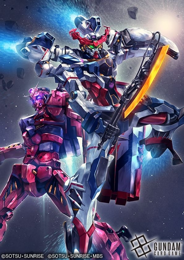 gquuuuuux, red gundam, gundam, gundam gquuuuuux, sunrise (company), artist request, official art, copyright notice, glowing hot, gundam card game, heat hawk, logo, machinery, mecha, mecha focus, mobile suit, realistic, robot, science fiction, space, star (sky), sun, thrusters, v-fin, zero gravity
