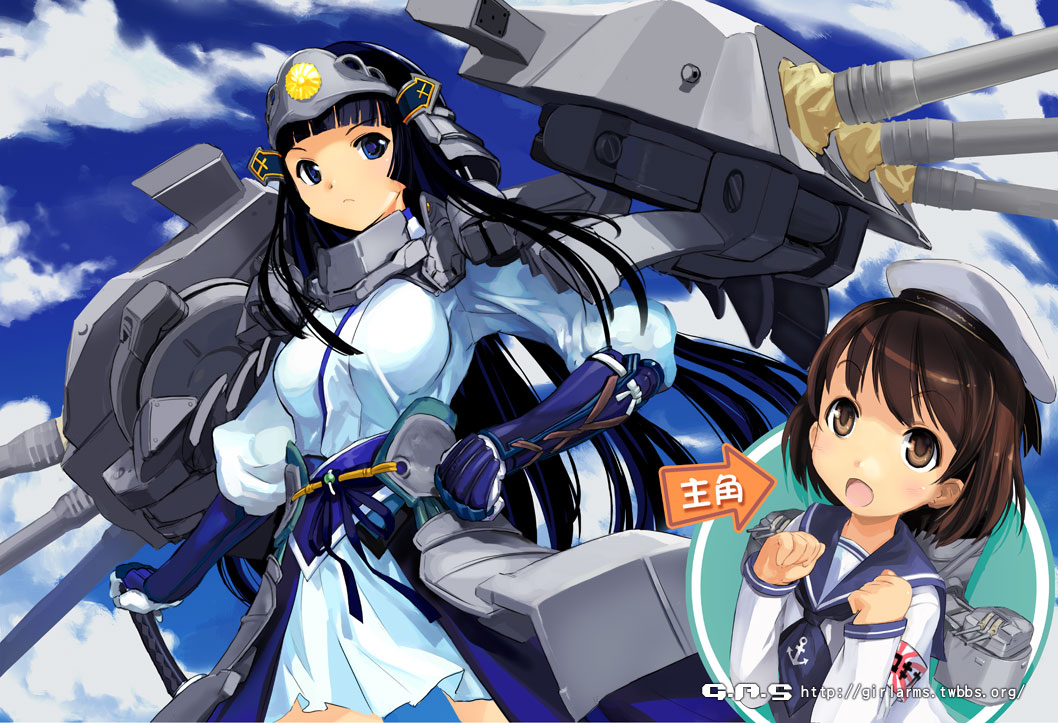 zeco, yamato, girl arms, navy, 2girls, battleship, black hair, blue eyes, breasts, brown eyes, brown hair, destroyer, gloves, hand on own hip, hat, imperial japanese navy, large breasts, long hair, mecha musume, military, military vehicle, multiple girls, ship, short hair, warship, watercraft, world war ii