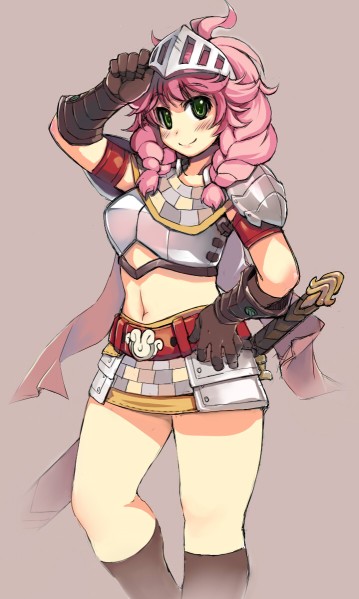mil (xration), npc (ragnarok online), ragnarok online, 1girl, ahoge, armor, blush, braid, breastplate, cape, faulds, female focus, forehead protector, gloves, green eyes, long hair, midriff, miniskirt, navel, pauldrons, pink hair, sheath, sheathed, shoulder armor, simple background, skirt, smile, solo, sword, twin braids, weapon