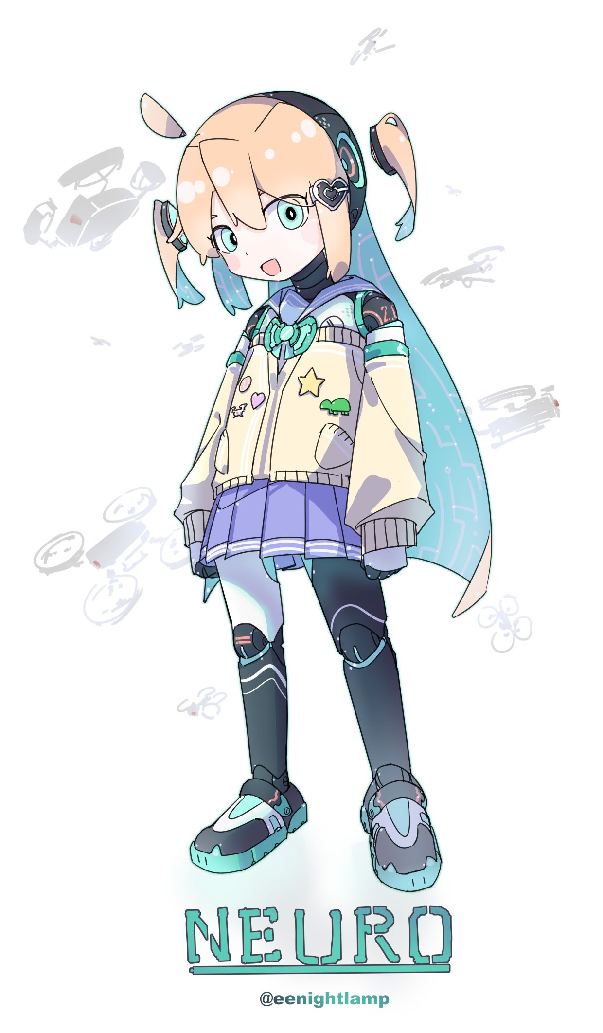 eenightlamp, neuro-sama, commentary, english commentary, highres, ahoge, badge, blue eyes, blue sailor collar, blue skirt, button badge, cardigan, character name, from side, full body, hair between eyes, hair ornament, heart, heart hair ornament, long hair, long sleeves, looking at viewer, mechanical legs, miniskirt, open mouth, pleated skirt, robot girl, sailor collar, simple background, skirt, standing, swarm drone (neuro-sama), twitter username, two side up, vedal ai, virtual youtuber, white background, yellow cardigan