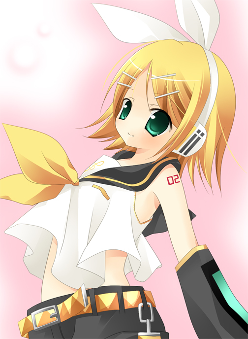 kaga akuru, kagamine rin, vocaloid, belt, blonde hair, green eyes, headphones, neckerchief, sailor collar, sleeveless, smile, solo