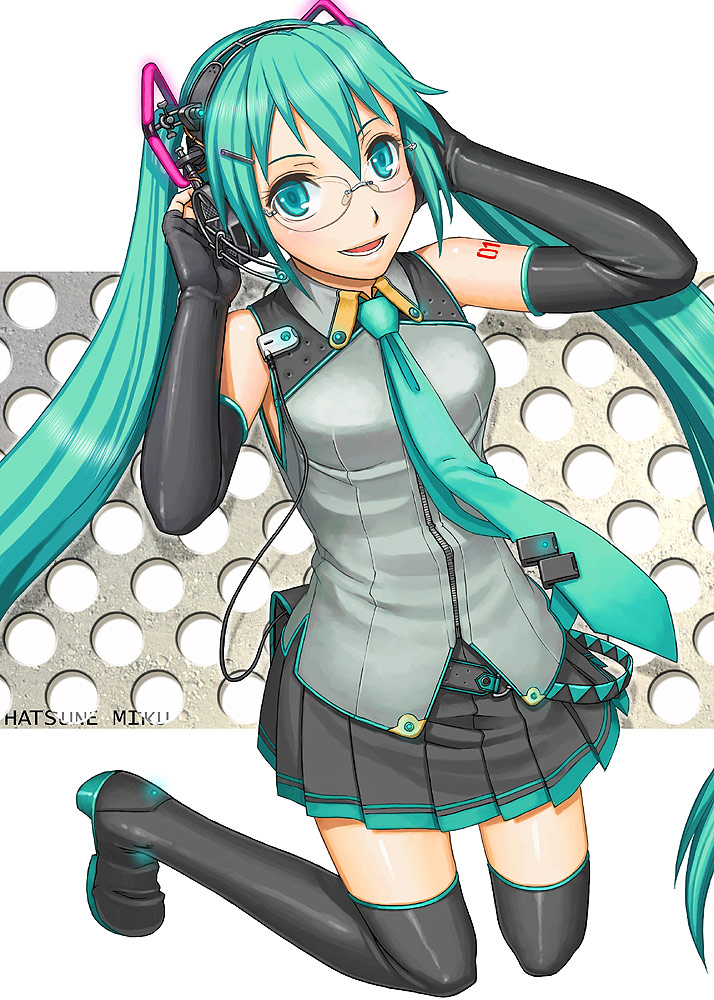 itou (onsoku tassha), hatsune miku, vocaloid, bespectacled, detached sleeves, elbow gloves, fingerless gloves, glasses, gloves, green eyes, green hair, headphones, headset, long hair, necktie, pleated skirt, skirt, solo, thighhighs, twintails, very long hair, zettai ryouiki