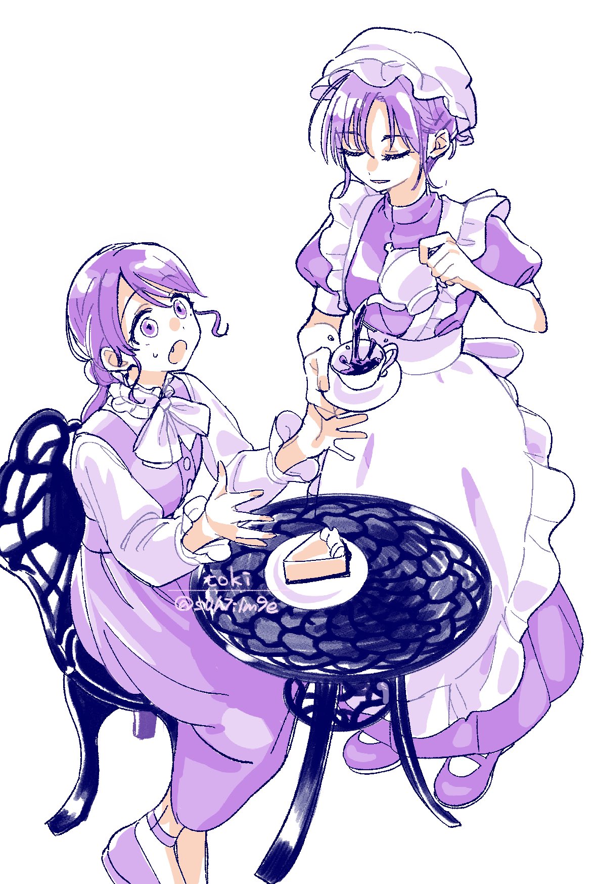 s0h7i1m9e, fukumaru koito, idolmaster, idolmaster shiny colors, commentary request, highres, 2girls, apron, cake, cake slice, cup, fang, food, frilled apron, frills, hat, limited palette, long skirt, long sleeves, maid, maid apron, mob cap, monochrome, multiple girls, puffy short sleeves, puffy sleeves, purple eyes, purple hair, round table, serving, short sleeves, sitting, skirt, table, teacup, teapot, white apron, white background