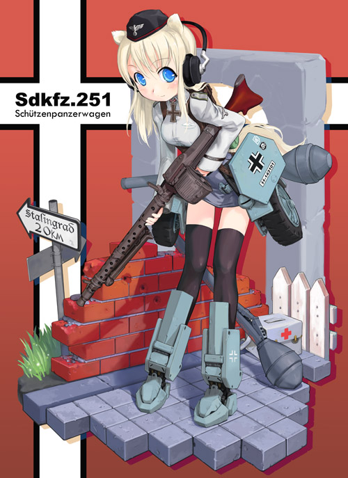 zeco, sdkfz 251, girl arms, vehicle, 1girl, animal ears, armored vehicle, balkenkreuz, blonde hair, blue eyes, breasts, cross, english text, faux figurine, female focus, garrison cap, german text, gun, hat, headphones, high-explosive anti-tank (warhead), iron cross, machine gun, man-portable anti-tank systems, mecha musume, medium breasts, mg 34, military, military uniform, military vehicle, panzerfaust, personification, recoilless gun, reichsadler, solo, thighhighs, weapon, wehrmacht, world war ii