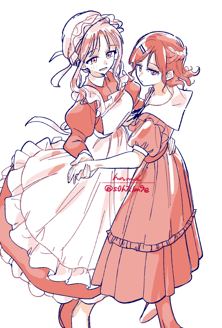 s0h7i1m9e, higuchi madoka, ichikawa hinana, idolmaster, idolmaster shiny colors, commentary request, 2girls, apron, dress, frilled apron, frills, hair ornament, hairclip, hat, juliet sleeves, limited palette, long dress, long skirt, long sleeves, maid, maid apron, mob cap, mole, mole under eye, monochrome, multiple girls, puffy short sleeves, puffy sleeves, sailor collar, sailor dress, short hair, short sleeves, skirt, white apron, white background