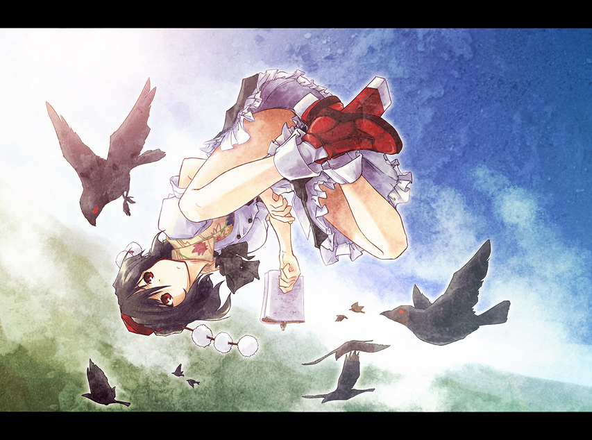 akiyama nenehisa, nanaeena, shameimaru aya, touhou, 1girl, :/, bird, black hair, crow, female focus, flying, geta, hat, indian style, letterboxed, notebook, pom pom (clothes), red eyes, short hair, sitting, solo, tengu-geta, tokin hat, upside-down