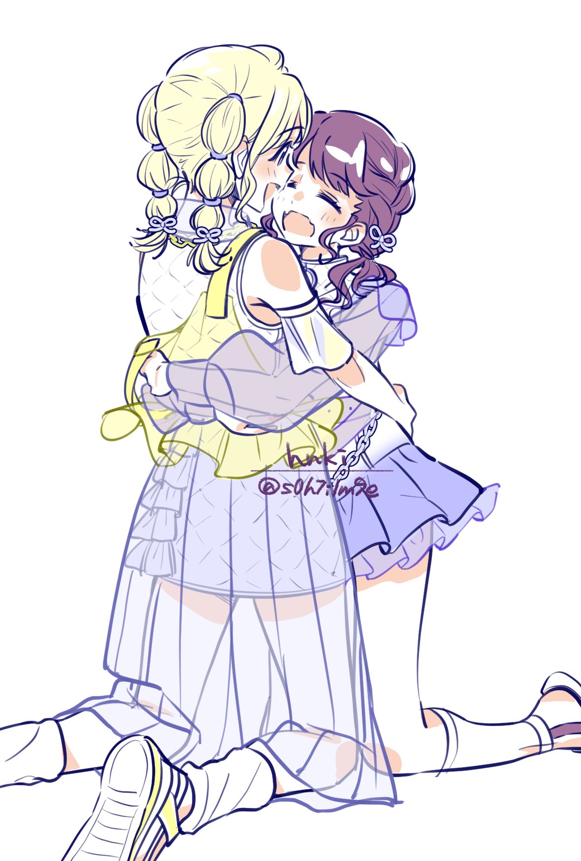 s0h7i1m9e, fukumaru koito, ichikawa hinana, idolmaster, idolmaster shiny colors, commentary request, highres, 2girls, bare shoulders, black hair, blonde hair, closed eyes, fangs, hug, kneeling, layered skirt, limited palette, low twintails, miniskirt, monochrome, multiple girls, open mouth, see-through clothes, see-through skirt, see-through sleeves, skin fangs, skirt, twintails, white background