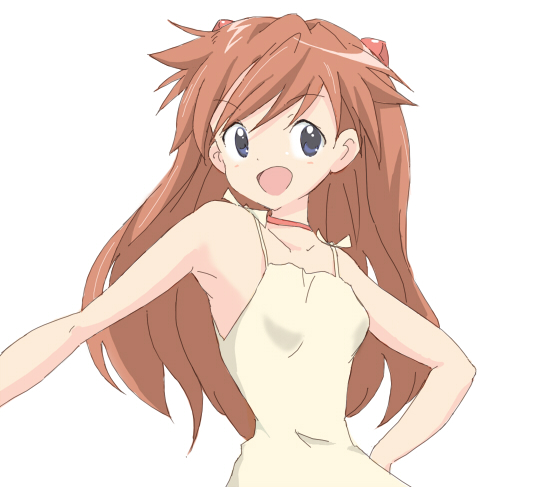 core (mayomayo), souryuu asuka langley, neon genesis evangelion, bad id, bad pixiv id, 1girl, blue eyes, dress, female focus, long hair, simple background, solo, white background, white dress