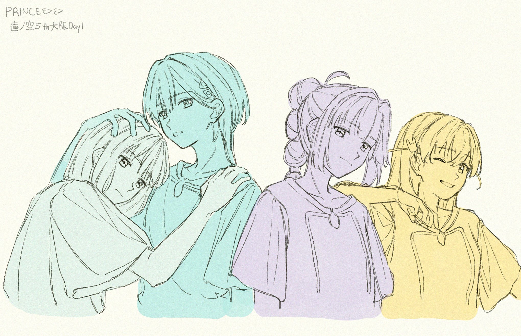 anyoji hime, hinoshita kaho, katsuragi izumi, momose ginko, link! like! love live!, love live!, commentary request, highres, 4girls, 5th live tour ~4pair power spread!!!!~, ;d, ahoge, bob cut, closed mouth, cropped torso, elbow on another's shoulder, grey background, grin, group name, hair ornament, hand on another's head, hand on another's shoulder, head on another's shoulder, jellyfish cut, long hair, looking at viewer, medium hair, multi-tied hair, multiple girls, multiple monochrome, one eye closed, open mouth, ponytail, porari, princes (love live!), rabbit hair ornament, short hair, simple background, smile, two side up, virtual youtuber