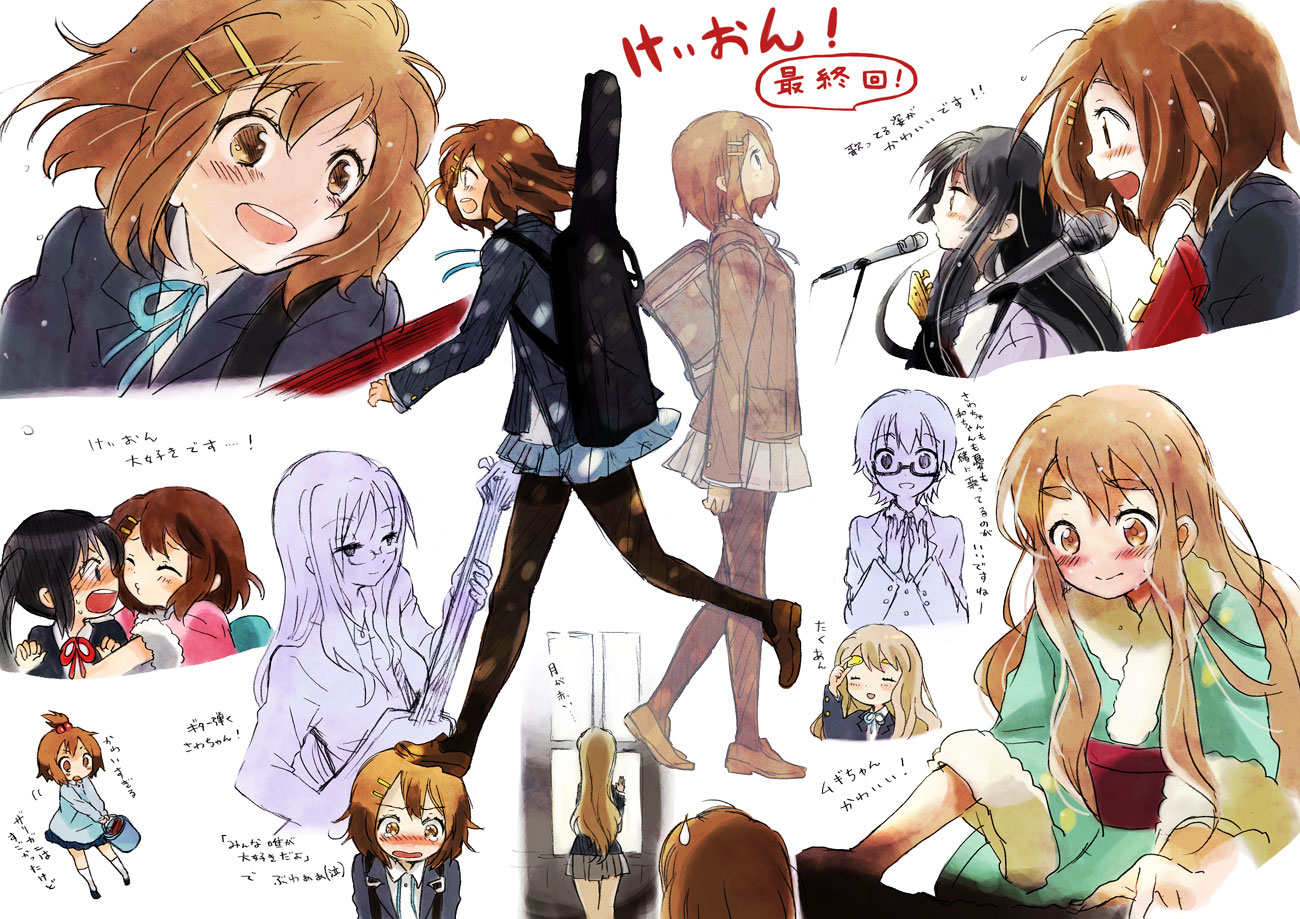 manami (artist), sugano manami, vaayunto yuuki, akiyama mio, hirasawa yui, kotobuki tsumugi, manabe nodoka, nakano azusa, tainaka ritsu, yamanaka sawako, k-on!, eyebrows, translation request, 00s, 6+girls, aged down, black hair, blonde hair, blush, brown hair, everyone, glasses, guitar, ho-kago tea time, instrument, legs, long hair, microphone, multiple girls, pantyhose, school uniform, short hair