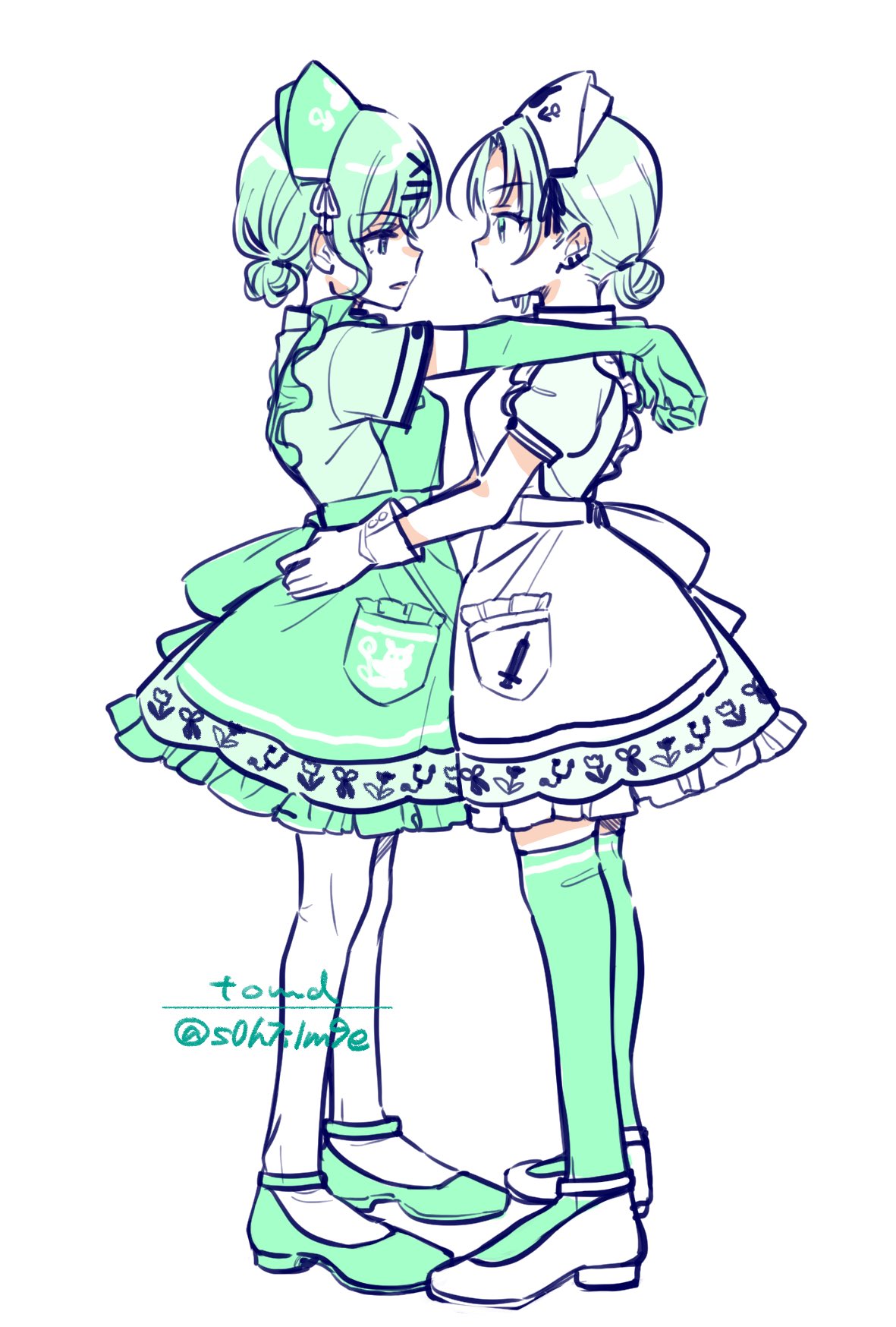 s0h7i1m9e, asakura toru, higuchi madoka, idolmaster, idolmaster shiny colors, commentary request, highres, 2girls, apron, dress, elbow gloves, from side, gloves, green dress, green gloves, green thighhighs, hair bun, hair ornament, hair ribbon, hairclip, hand on another's shoulder, hands on another's hips, hat, limited palette, looking at another, monochrome, multiple girls, nurse, nurse cap, pantyhose, ribbon, short dress, thighhighs, white background, white dress, white gloves, white pantyhose