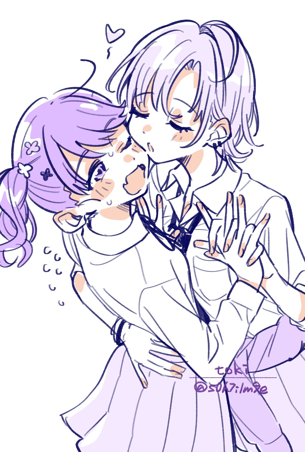 s0h7i1m9e, idolmaster, idolmaster shiny colors, commentary request, highres, 2girls, closed eyes, earrings, flower, hand on another's hip, heart, imminent kiss, interlocked fingers, jewelry, limited palette, long sleeves, monochrome, multiple girls, neck ribbon, necktie, one eye closed, pleated skirt, purple eyes, purple hair, ribbon, school uniform, shirt, skirt, white background, white shirt