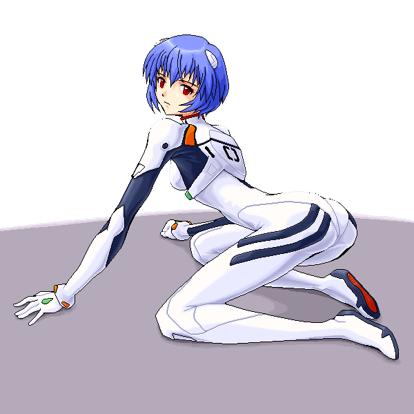 yuuki (silent moon), ayanami rei, neon genesis evangelion, 1girl, all fours, ass, back, blue hair, bodysuit, breasts, female focus, hair ornament, looking at viewer, looking back, mecha pilot suit, plugsuit (evangelion), red eyes, shadow, short hair, solo