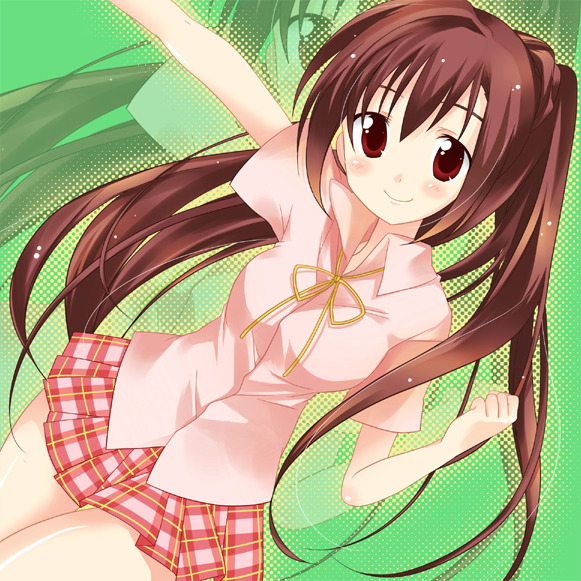 shiratama, shiratama yomogi, 1girl, blush, brown hair, female focus, long hair, skirt, smile, solo, zoom layer