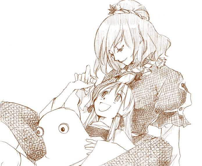toukai-analogue, toukai analogue, moriya suwako, yasaka kanako, touhou, bad id, bad pixiv id, 2girls, :d, breast pillow, brown theme, female focus, happy, hat, holding hands, monochrome, multiple girls, open mouth, smile