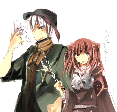 mikimura, amakusa juuza, ushiromiya ange, umineko no naku koro ni, bad id, bad pixiv id, lowres, 00s, 1boy, 1girl, armband, chain, collar, hair bobbles, hair ornament