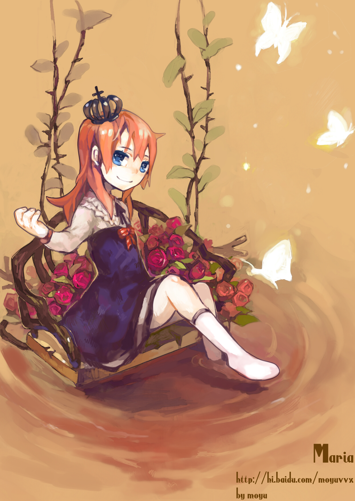 moyuvvx, ushiromiya maria, umineko no naku koro ni, bad id, bad pixiv id, highres, 00s, 1girl, blue eyes, bug, butterfly, female focus, flower, insect, rose, solo