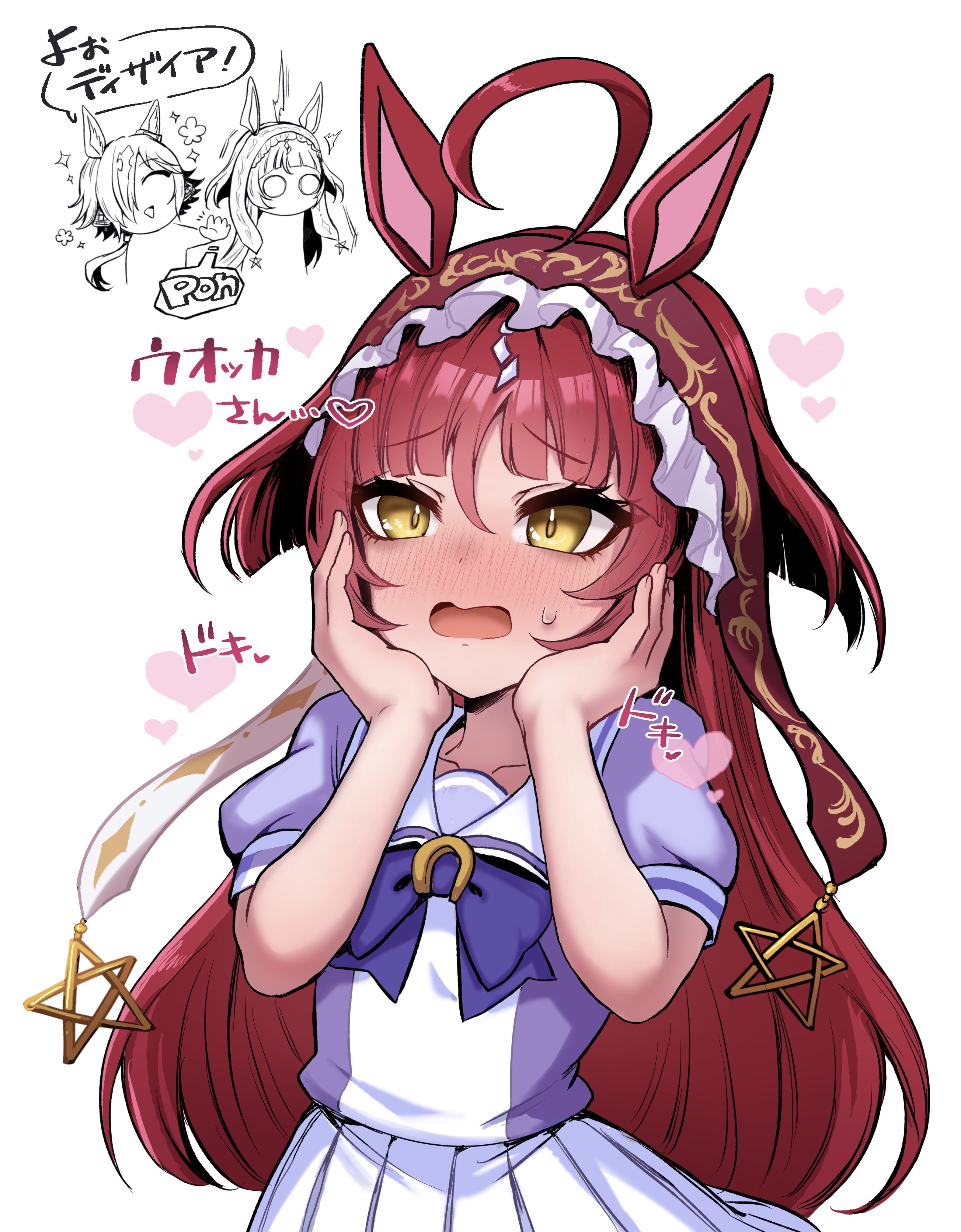 nisumi k, red desire (umamusume), vodka (umamusume), umamusume, absurdres, commentary request, highres, 2girls, ahoge, animal ears, blush, from behind, hair between eyes, hair ornament, hands on own cheeks, hands on own face, heart, horse ears, horse girl, horse tail, long hair, multiple girls, red hair, school uniform, tail, white background, yellow eyes