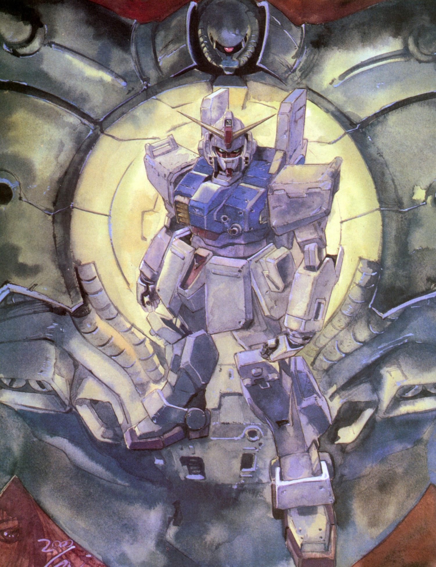 yasuhiko yoshikazu, apsalus, ground gundam, gundam, gundam 08th ms team, highres, official art, painting (medium), promotional art, scan, traditional media, watercolor (medium), 2002, beam cannon, chest cannon, dated, earth federation, gun, looking at viewer, machine gun, machinery, mecha, mecha focus, mobile suit, one-eyed, realistic, robot, science fiction, v-fin, weapon, zeon