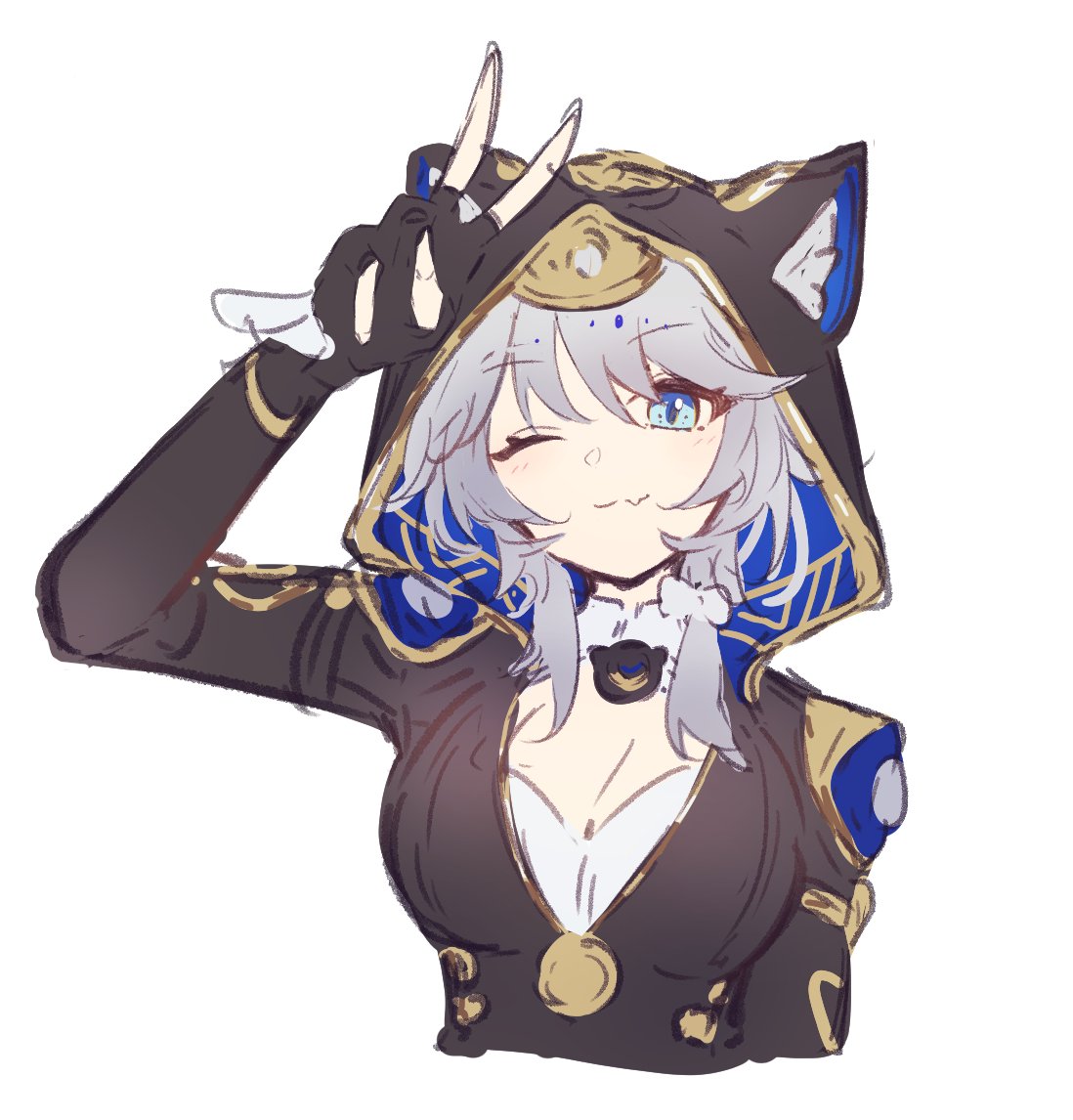 cipher (honkai: star rail), honkai: star rail, honkai (series), commentary request, 1girl, animal ears, animal hood, black shirt, blue eyes, bra, breasts, cat ears, cat girl, cat hood, cleavage, closed mouth, cropped torso, fang, grey hair, hand up, hood, hood up, long hair, looking ahead, looking at viewer, medium hair, newtec729, one eye closed, shirt, skin fang, smile, solo, underwear, upper body, very long hair, white bra