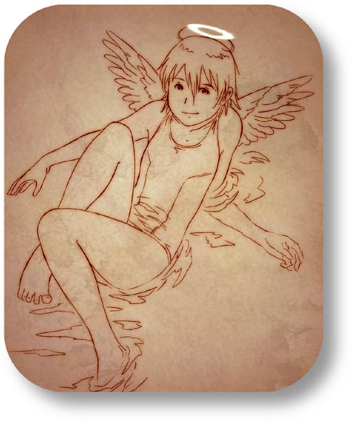 aaru sentou shuudan, rakka (haibane renmei), haibane renmei, 00s, 1girl, bare shoulders, barefoot, brown theme, female focus, halo, monochrome, one-piece swimsuit, partially submerged, rounded corners, short hair, soaking feet, solo, static cling, swimsuit, traditional halo, water, wet, wet clothes, wet swimsuit, wings