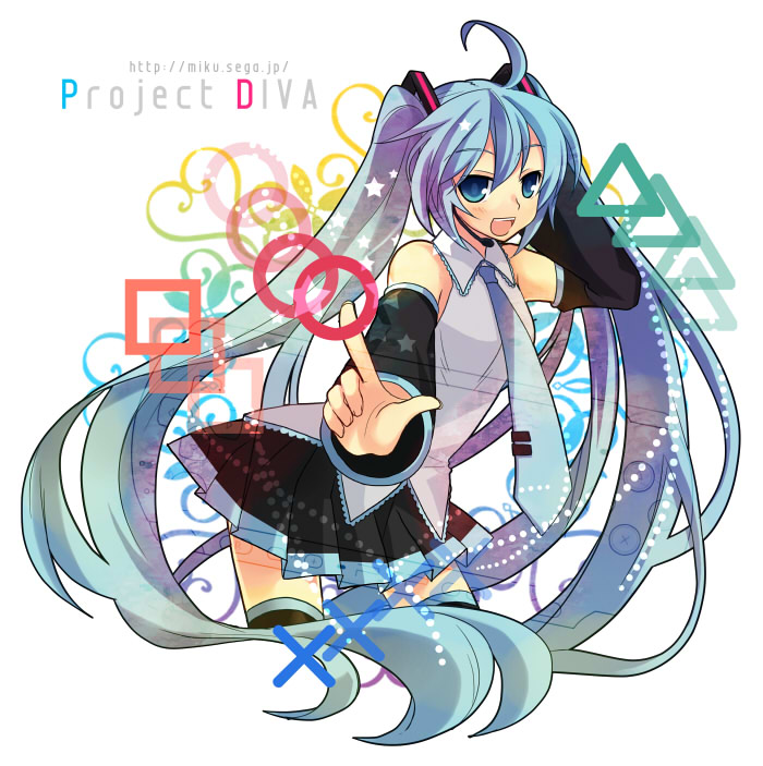 tamura hiro, hatsune miku, project diva, project diva (series), vocaloid, 1girl, :d, aqua eyes, aqua hair, blue eyes, detached sleeves, female focus, hair ribbon, headset, long hair, necktie, open mouth, ribbon, skirt, smile, solo, thighhighs, twintails, very long hair, zettai ryouiki