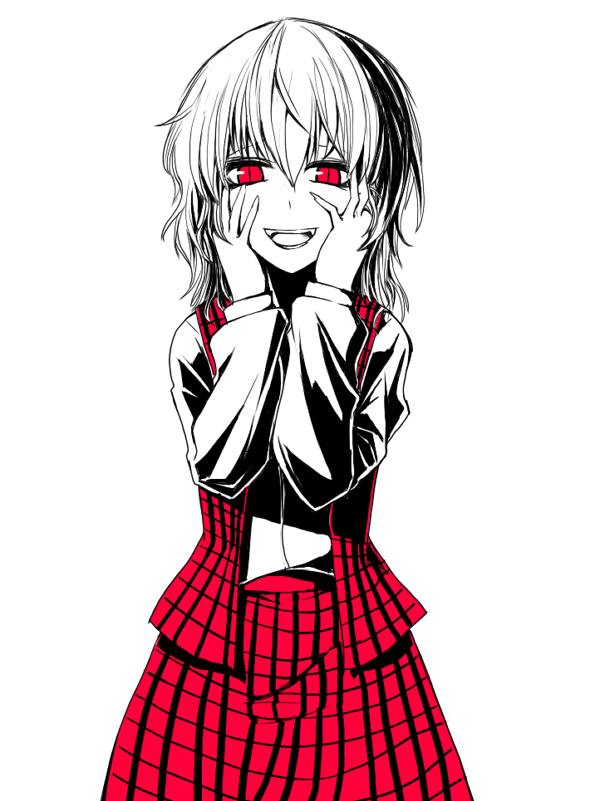 hane (hanegoya), kazami yuuka, touhou, 1girl, ascot, crazy smile, female focus, hands on own face, looking at viewer, plaid clothes, plaid skirt, plaid vest, red eyes, short hair, simple background, skirt, skirt set, smile, solo, vest, white background