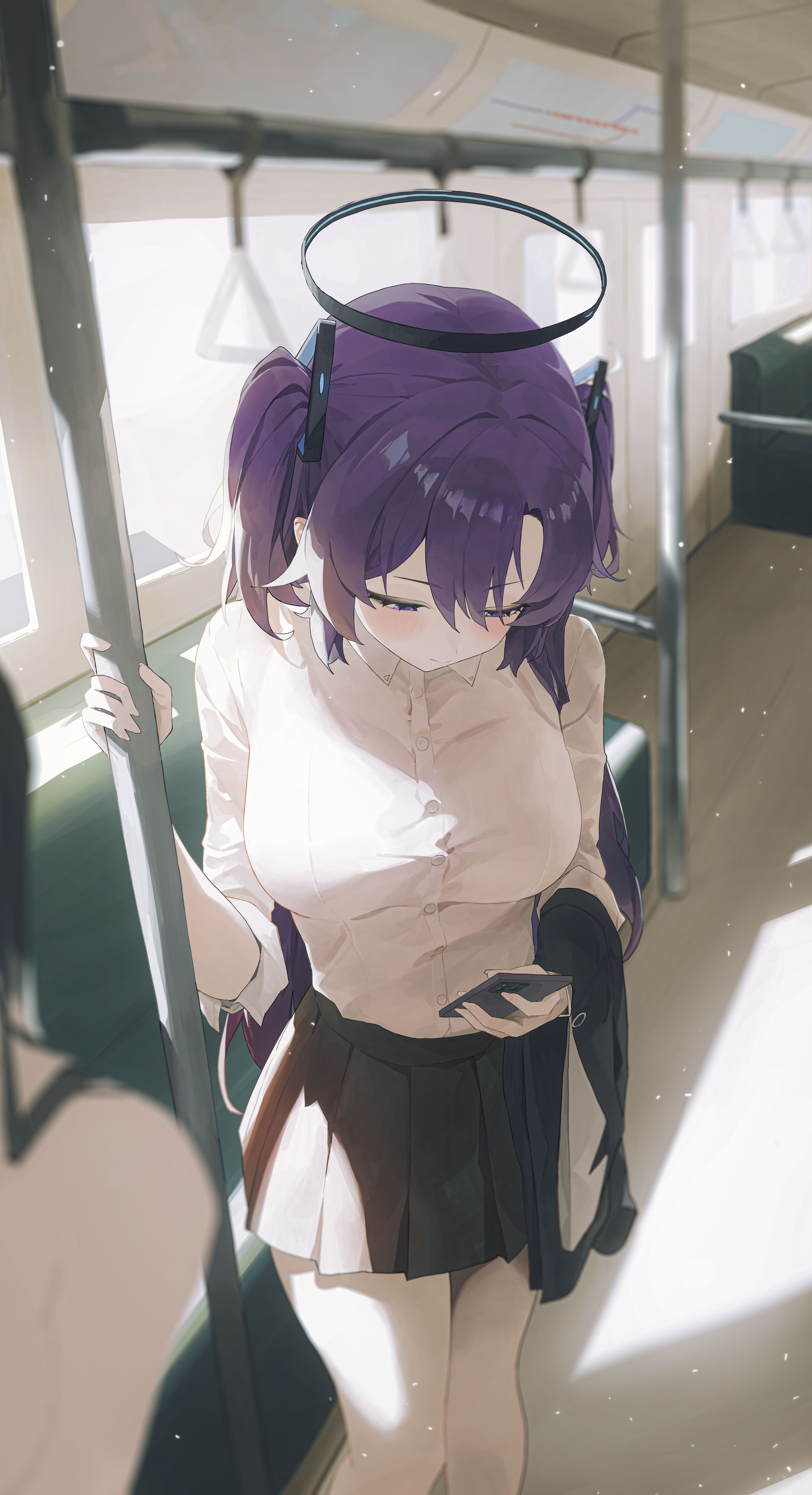 m1o 0112, yuuka (blue archive), blue archive, absurdres, commentary, highres, black skirt, halo, looking at phone, phone, shirt, skirt, train interior, white shirt