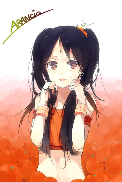 sasamori tomoe, arancia, original, bad id, bad pixiv id, 1girl, black hair, character name, female focus, food, food-themed clothes, fruit, long hair, midriff, orange (fruit), orange theme, solo, twintails