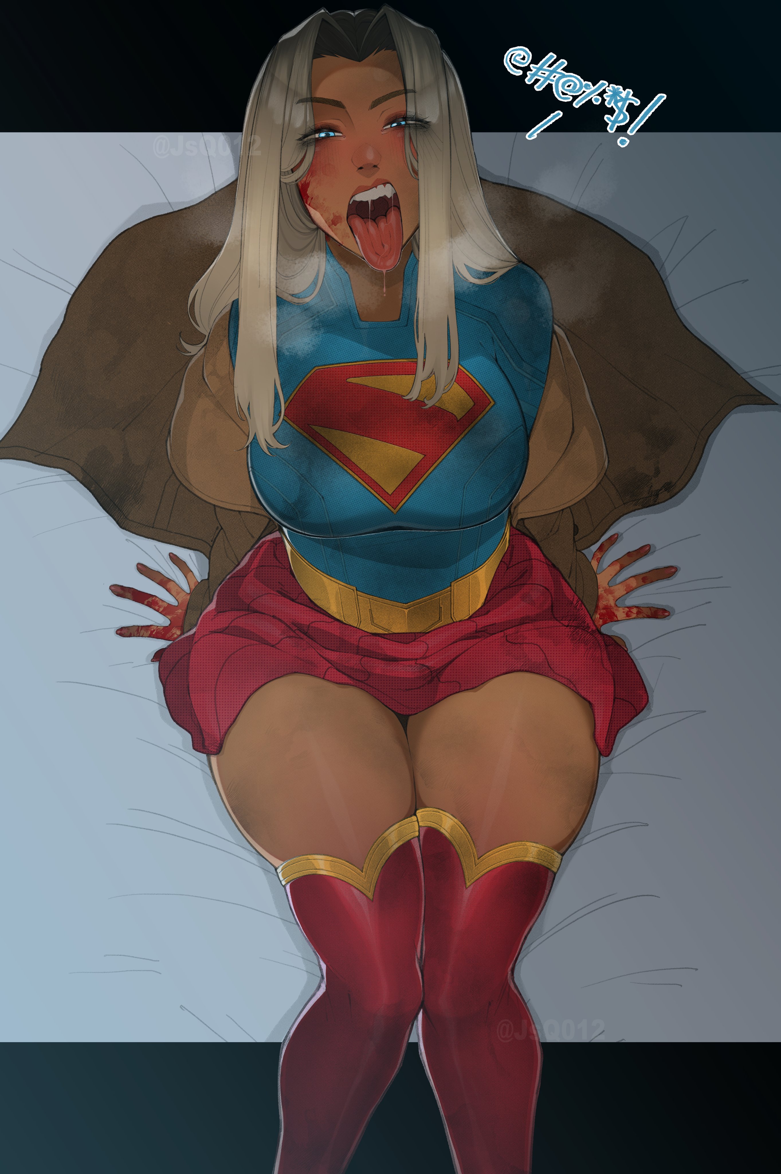 jsq012, supergirl, dc comics, superman (2025), superman (series), absurdres, highres, 1girl, blonde hair, blood, blood on face, blood on hands, blue eyes, blue leotard, blush, boots, breath, brown coat, censored profanity, coat, coat partially removed, eyes visible through hair, from above, hands on ground, leotard, long hair, looking at viewer, pantyhose, red boots, red skirt, saliva, sitting, skirt, solo, teeth, thigh boots, thighs, tongue, tongue out, twitter username