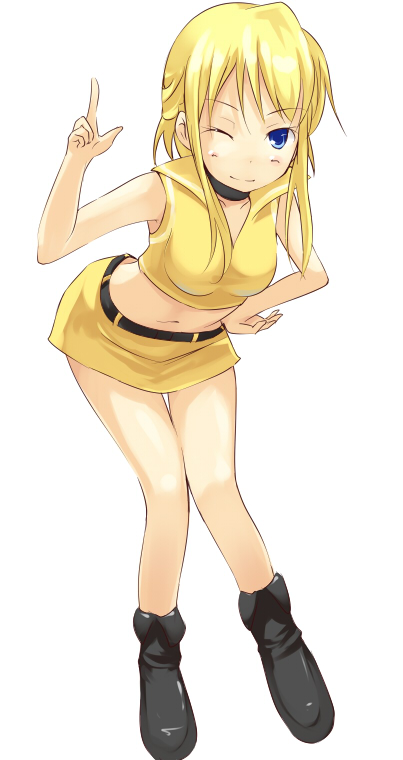 kuro (be ok), original, bad id, bad pixiv id, 1girl, bent over, blonde hair, blue eyes, breasts, female focus, midriff, miniskirt, one eye closed, pointing, simple background, skirt, solo, white background, wink