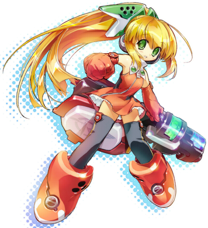ein (artist), ein (long cake), roll (mega man), capcom, mega man (classic), mega man (series), 1girl, blonde hair, detached sleeves, female focus, green eyes, ponytail, red skirt, skirt, solo, thighhighs, zettai ryouiki