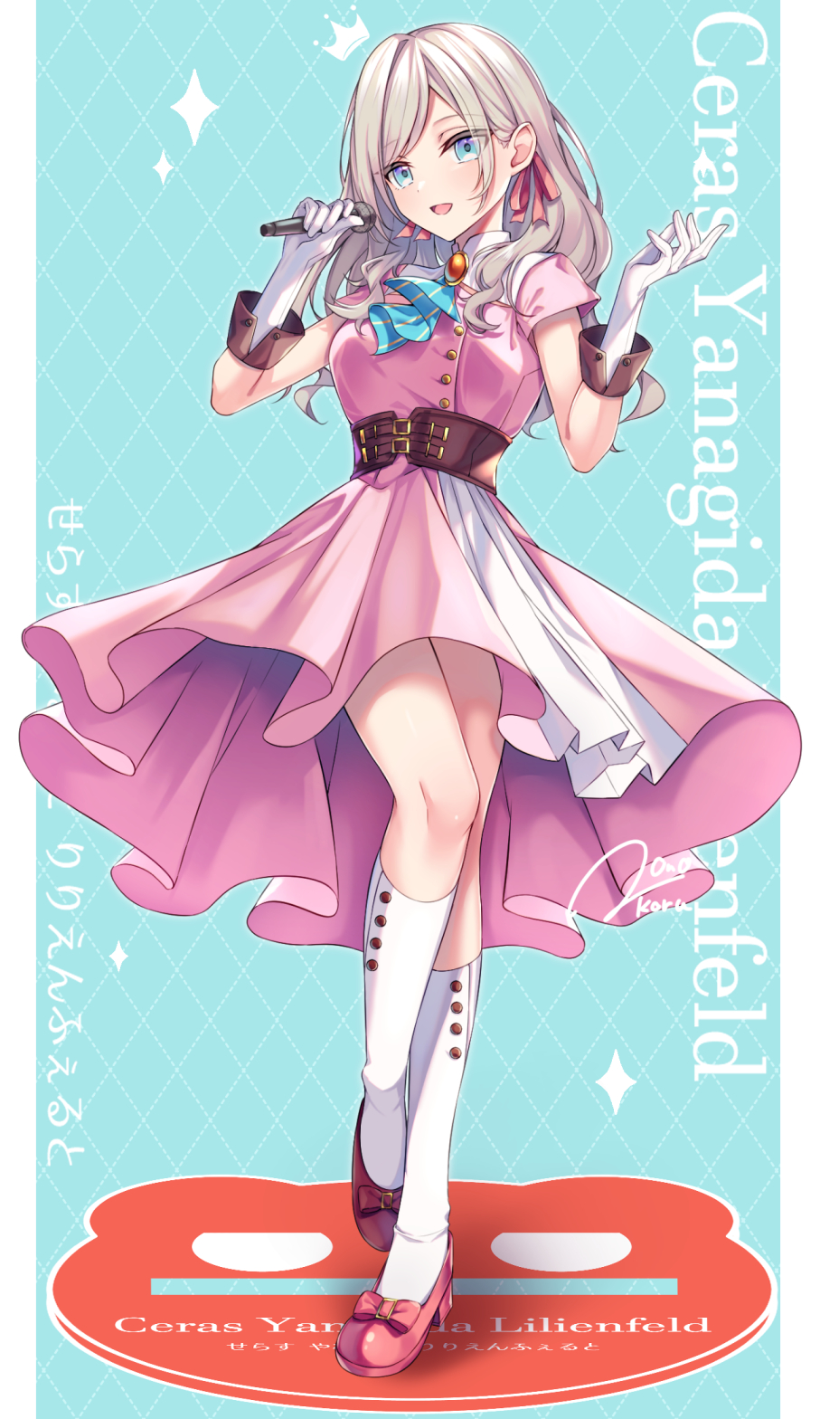 ceras yanagida lilienfeld, link! like! love live!, love live!, commentary, highres, 1girl, :d, acrylic stand (medium), aqua ascot, ascot, blue eyes, bow, breasts, dream believers, dress, elbow gloves, fold-over gloves, footwear bow, full body, gloves, grey hair, hair ribbon, holding, holding microphone, konorua511, large breasts, long hair, looking at viewer, medium dress, microphone, official alternate costume, open mouth, pink dress, pink ribbon, pinstripe ascot, red bow, red shoes, ribbon, shoes, short sleeves, signature, smile, socks, solo, sparkle, virtual youtuber, white gloves, white socks