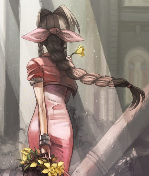 haruhashi, aerith gainsborough, final fantasy, final fantasy vii, 1990s (style), 1girl, back, basket, bow, braid, brown hair, church, cropped jacket, dress, female focus, flower, from behind, hair bow, long dress, long hair, pink dress, retro artstyle, single braid, solo, sunlight, very long hair