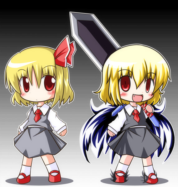 r pascal, ex-rumia, rumia, embodiment of scarlet devil, touhou, 2girls, blonde hair, chibi, dual persona, empty eyes, fang, female focus, full body, gradient background, grey background, hair ribbon, multiple girls, red eyes, ribbon, short hair, standing, sword, weapon, wings
