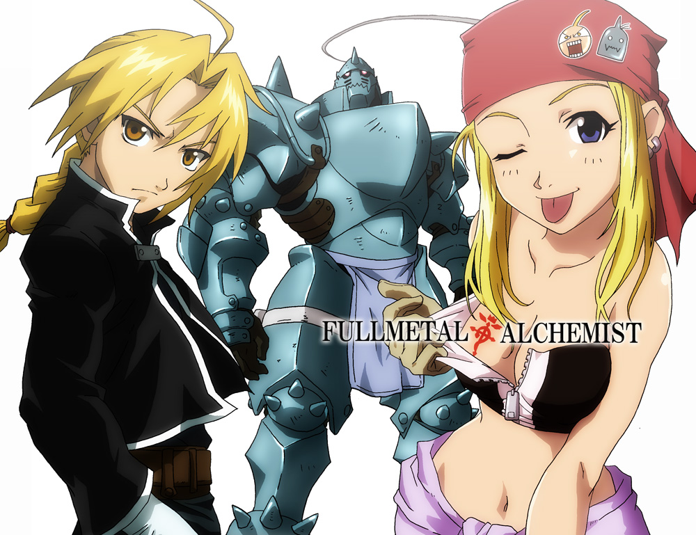junkparts, alphonse elric, edward elric, winry rockbell, fullmetal alchemist, 00s, 1girl, 2boys, :p, ;p, armor, bandana, bandeau, blonde hair, blue eyes, braid, breasts, cleavage, earrings, gloves, jewelry, multiple boys, one eye closed, single braid, strapless, tongue, tongue out, tube top, unzipped, wink, yellow eyes