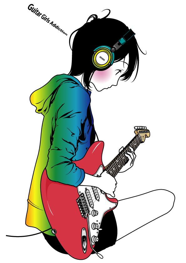 kasuya nagato, original, bad id, bad pixiv id, 1girl, black eyes, black hair, blush, electric guitar, female focus, fender stratocaster, guitar, headphones, hood, hoodie, instrument, looking down, messy hair, profile, rainbow, short hair, shorts, sitting, solo, thighs
