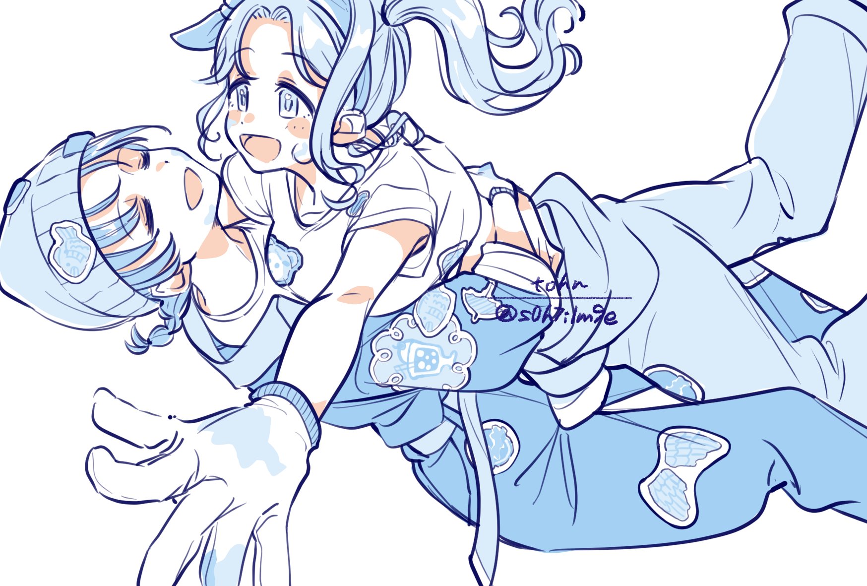 s0h7i1m9e, asakura toru, idolmaster, idolmaster shiny colors, commentary request, highres, 2girls, beanie, braid, closed eyes, gloves, hat, hug, jumpsuit, limited palette, long hair, long sleeves, monochrome, multiple girls, open mouth, shirt, short sleeves, side ponytail, t-shirt, white background