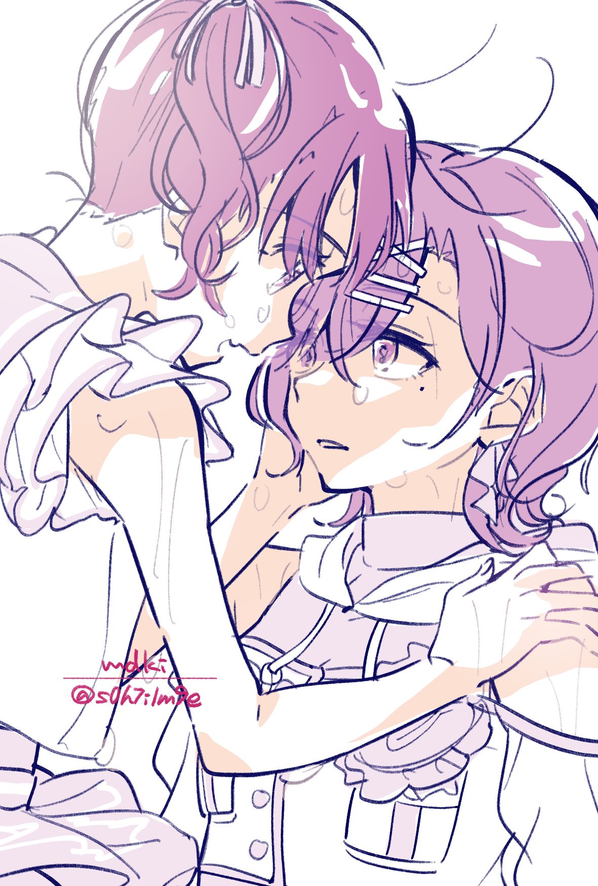 s0h7i1m9e, fukumaru koito, higuchi madoka, idolmaster, idolmaster shiny colors, commentary request, highres, 2girls, clear marine calm (idolmaster), fang, hair ornament, hair ribbon, hairclip, limited palette, looking at another, mole, mole under eye, monochrome, multiple girls, off-shoulder shirt, off shoulder, ribbon, sailor collar, shirt, short hair, skin fang, sleeveless, sweat, twintails, upper body, white background