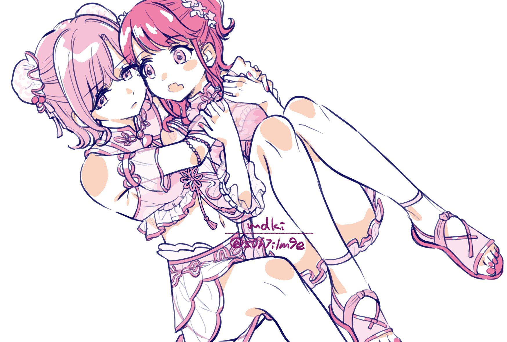 s0h7i1m9e, fukumaru koito, higuchi madoka, idolmaster, idolmaster shiny colors, commentary request, highres, 2girls, bare legs, bare shoulders, double bun, dutch angle, fangs, flower, hair bun, hug, hug from behind, knees up, limited palette, long hair, medium hair, miniskirt, mole, mole under eye, monochrome, multiple girls, nail polish, navel, open mouth, pink eyes, red hair, red nails, sandals, sitting, skin fangs, skirt, stomach, swept bangs, toenail polish, toenails, two side up, white background