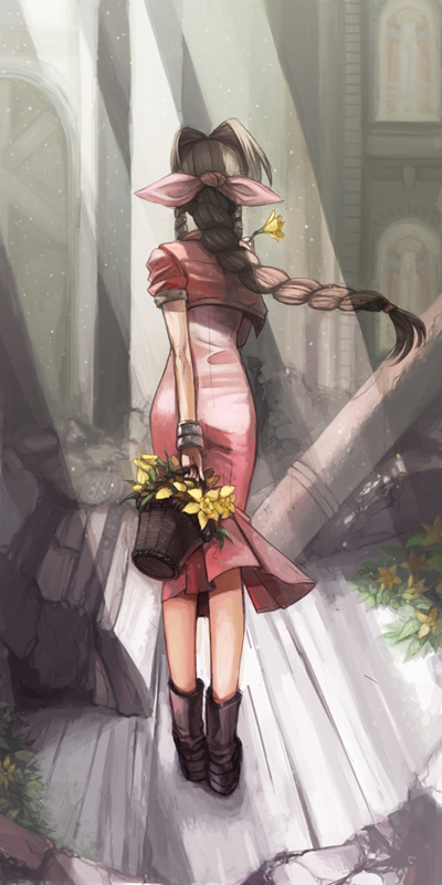 haruhashi, aerith gainsborough, final fantasy, final fantasy vii, 1990s (style), 1girl, back, basket, boots, bow, braid, brown hair, church, cropped jacket, dress, female focus, flower, from behind, hair bow, long dress, long hair, pink dress, retro artstyle, single braid, solo, sunlight, very long hair